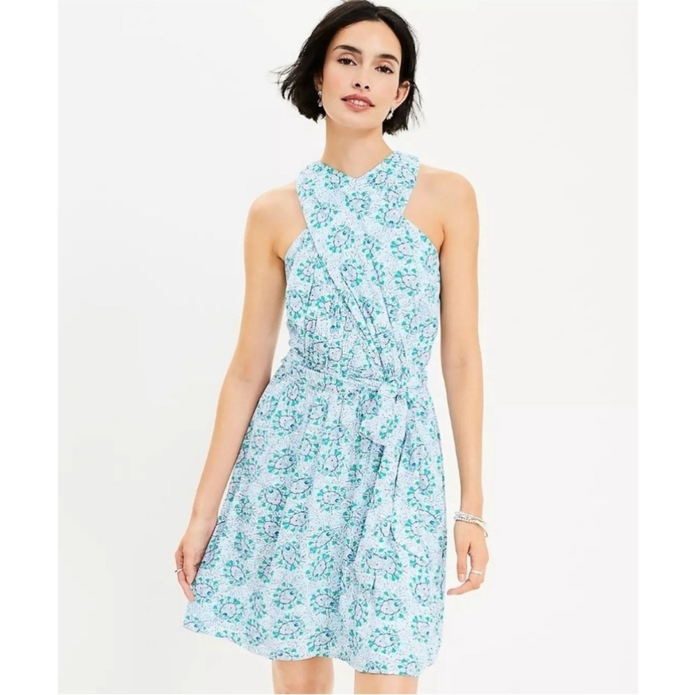 Ann Taylor LOFT Floral Blooms Pleated Halter A-Line Dress Blue